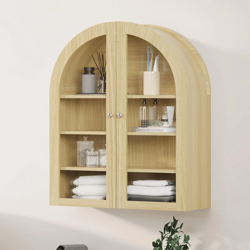 Garvee Armadio da Parete Bagno Arched con Porte Acriliche Doppie, Mensola Regolabile, Legno Rovere, Resistente all'Acqua, Montaggio a Parete, per Bagno e Cucina