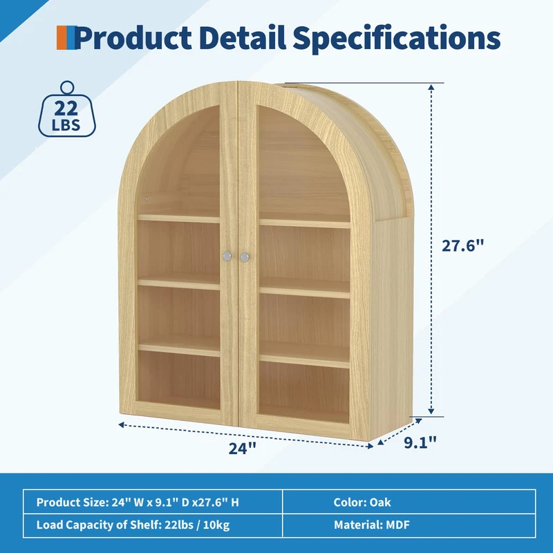 Garvee Armadio da Parete Bagno Arched con Porte Acriliche Doppie, Mensola Regolabile, Legno Rovere, Resistente all'Acqua, Montaggio a Parete, per Bagno e Cucina