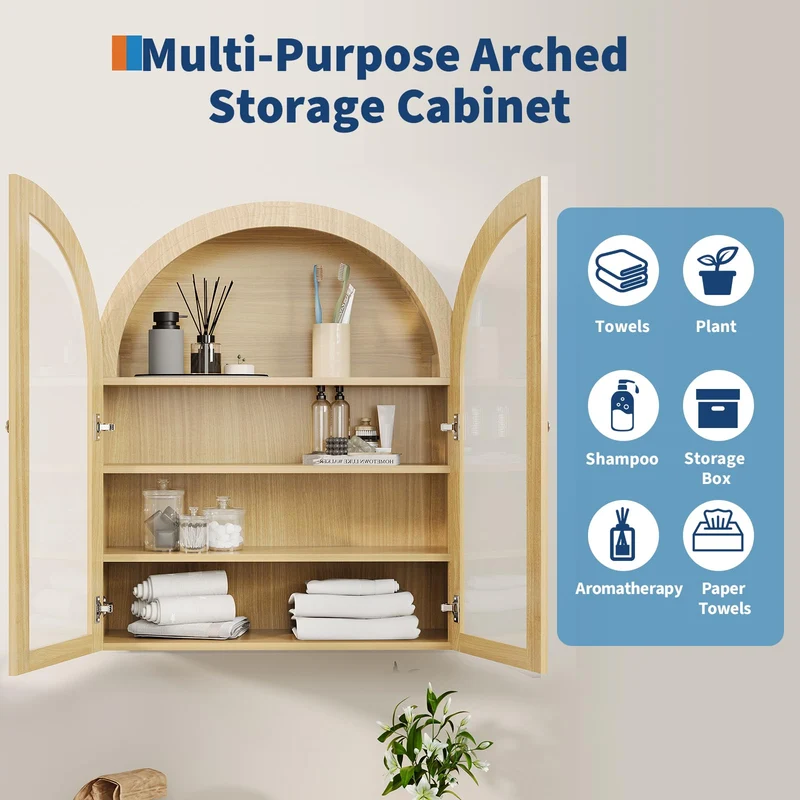 Garvee Armadio da Parete Bagno Arched con Porte Acriliche Doppie, Mensola Regolabile, Legno Rovere, Resistente all'Acqua, Montaggio a Parete, per Bagno e Cucina