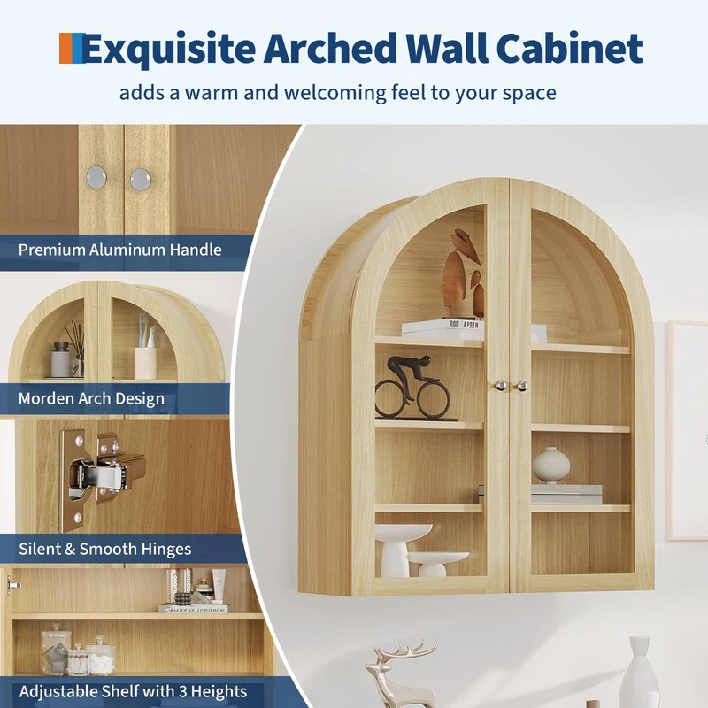 Garvee Armadio da Parete Bagno Arched con Porte Acriliche Doppie, Mensola Regolabile, Legno Rovere, Resistente all'Acqua, Montaggio a Parete, per Bagno e Cucina