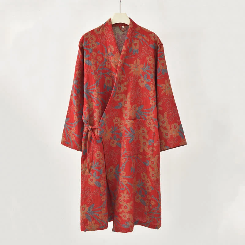 Kimono-Baumwollmantel mit pastoralem Blumenmuster und Jacquard-Print