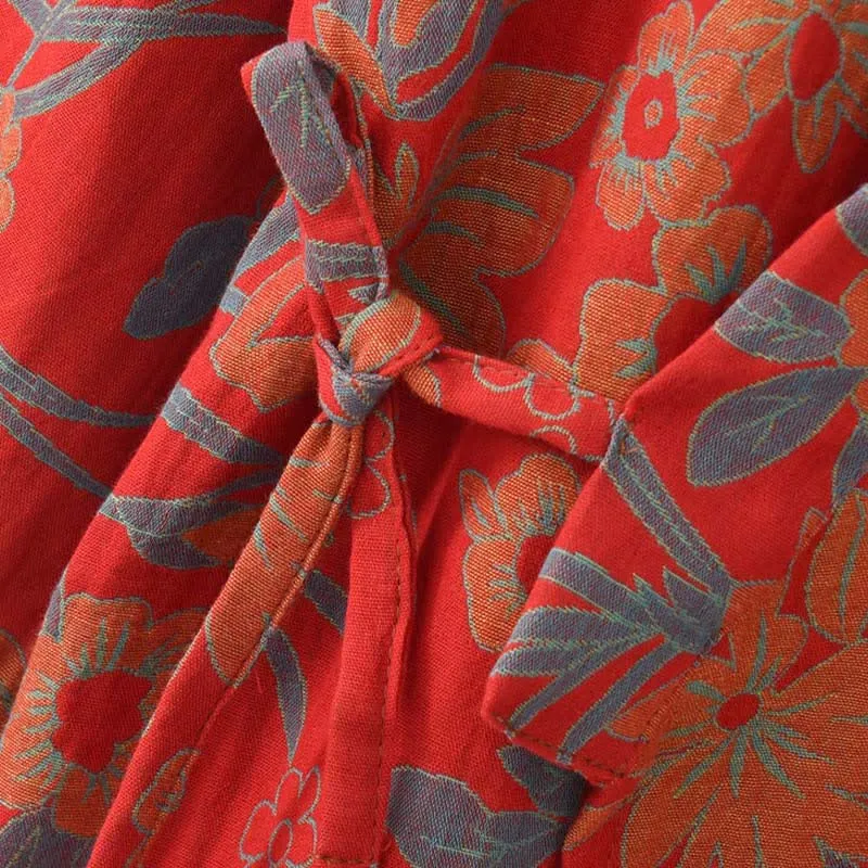 Kimono-Baumwollmantel mit pastoralem Blumenmuster und Jacquard-Print