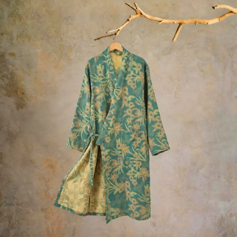 Kimono-Baumwollmantel mit pastoralem Blumenmuster und Jacquard-Print
