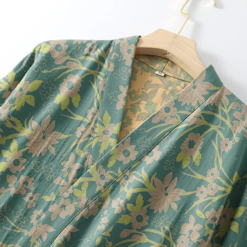 Kimono-Baumwollmantel mit pastoralem Blumenmuster und Jacquard-Print