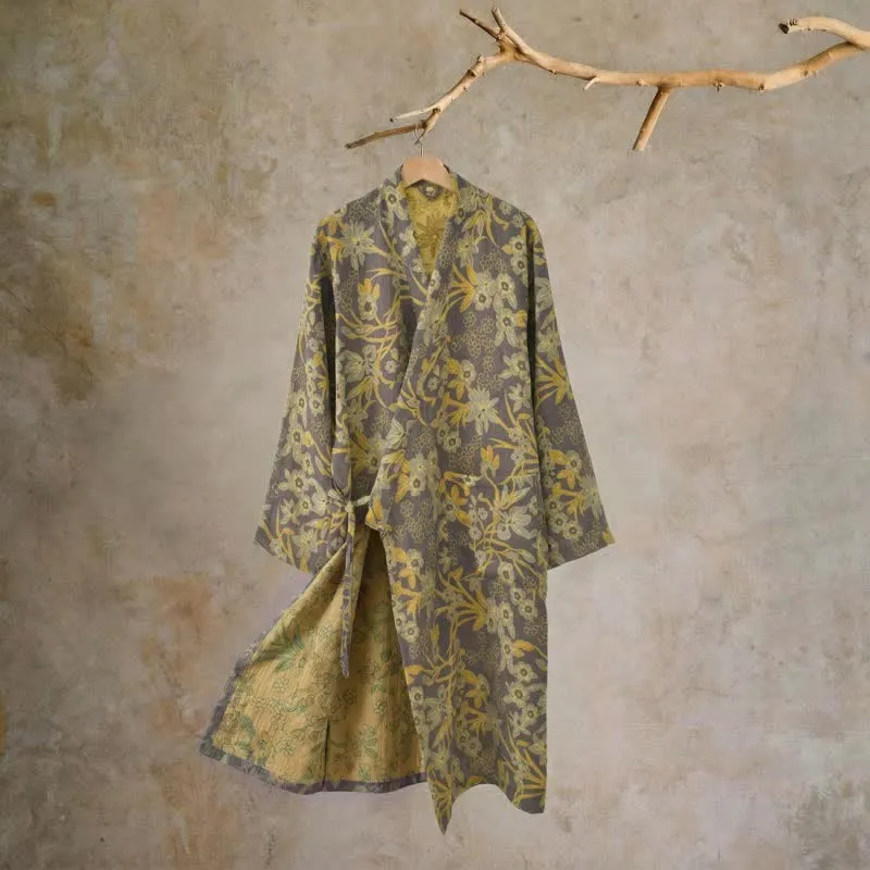 Kimono-Baumwollmantel mit pastoralem Blumenmuster und Jacquard-Print