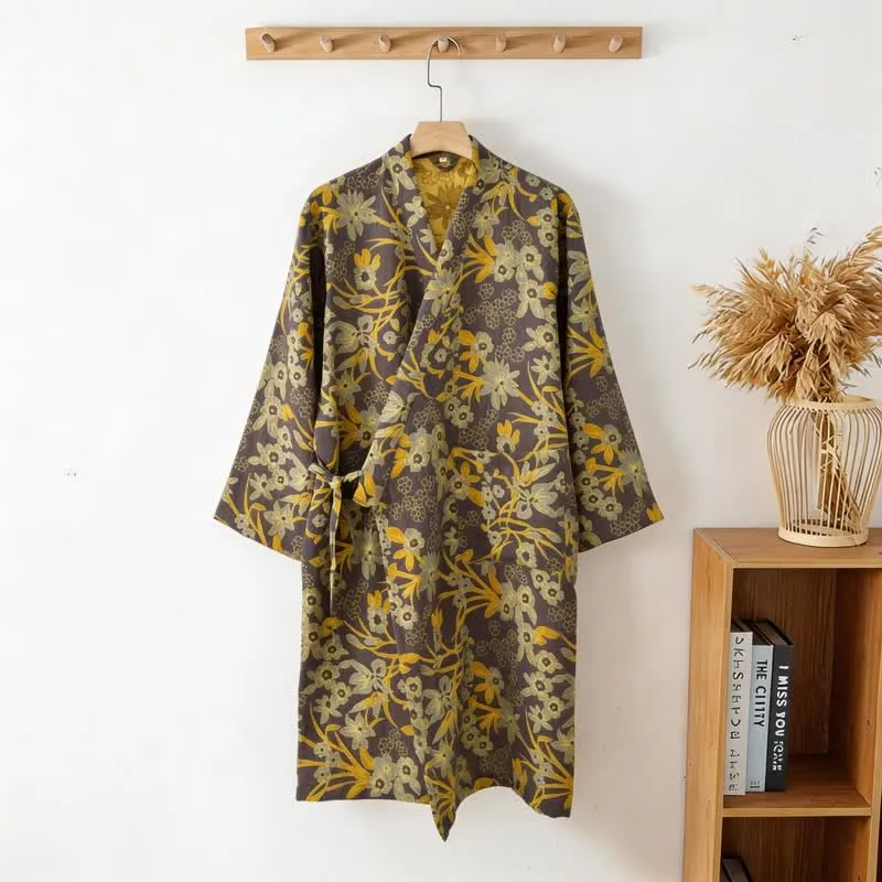Kimono-Baumwollmantel mit pastoralem Blumenmuster und Jacquard-Print
