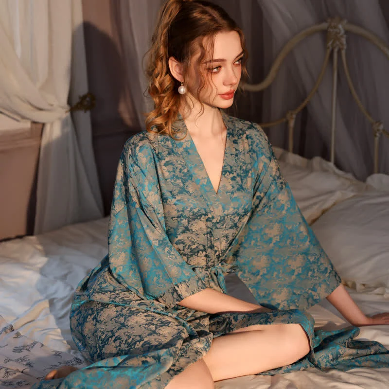 Kimono-Bademantel mit Vintage-Muster und 3/4-Ärmeln