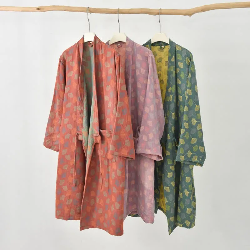 Ginkgoblatt-Baumwollgaze-Yukata-Robe