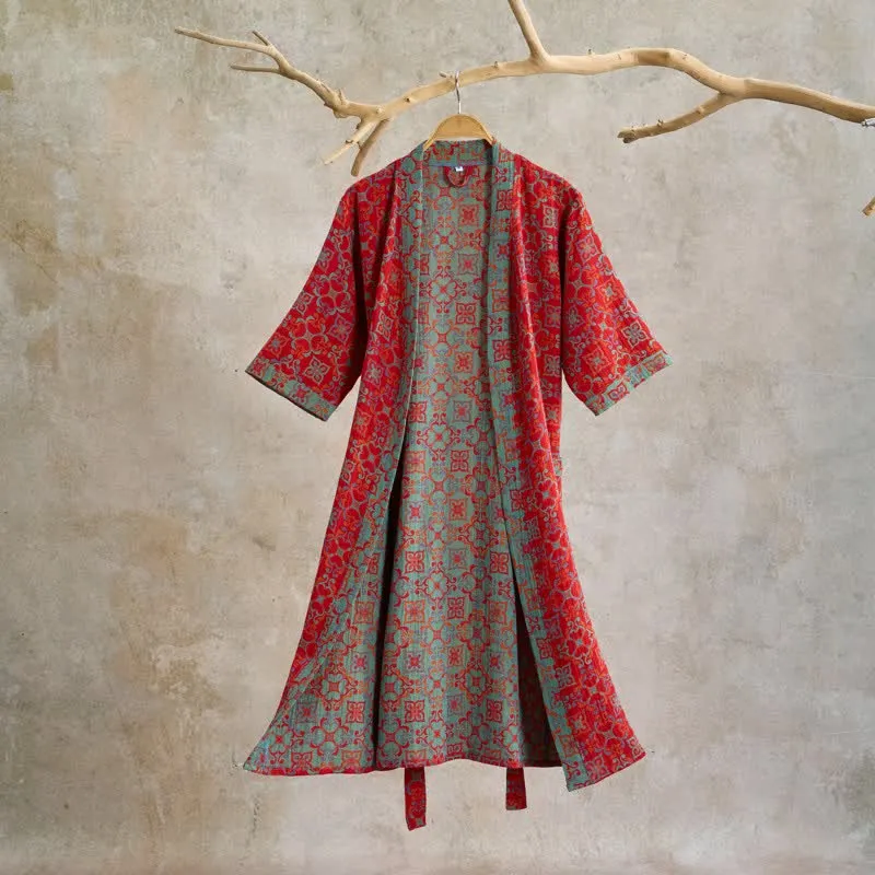 Kurzärmeliger Baumwollbademantel mit Vintage-Muster