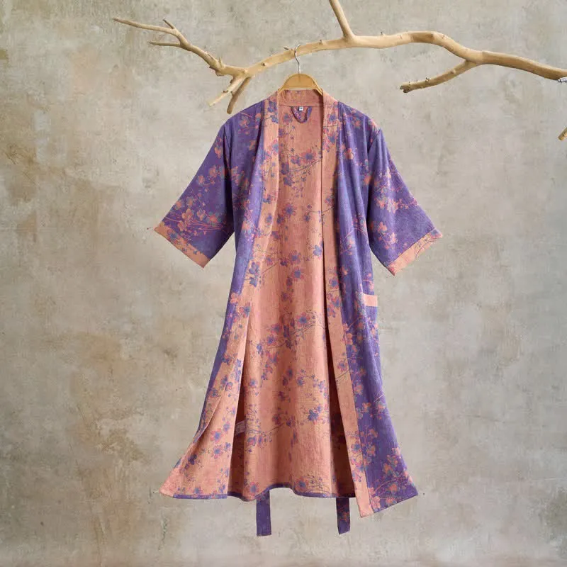 Kurzarm-Baumwollbademantel mit Zweig- und Blumenmuster