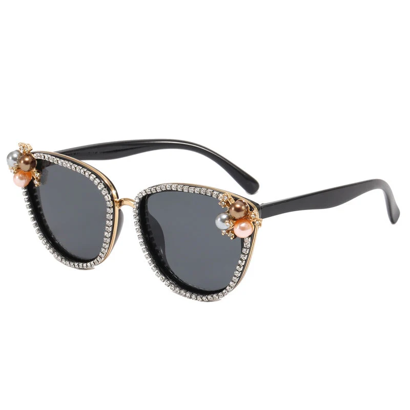 Dame glamorøs solbrille med perle- og krystaldekorasjon Luvikno