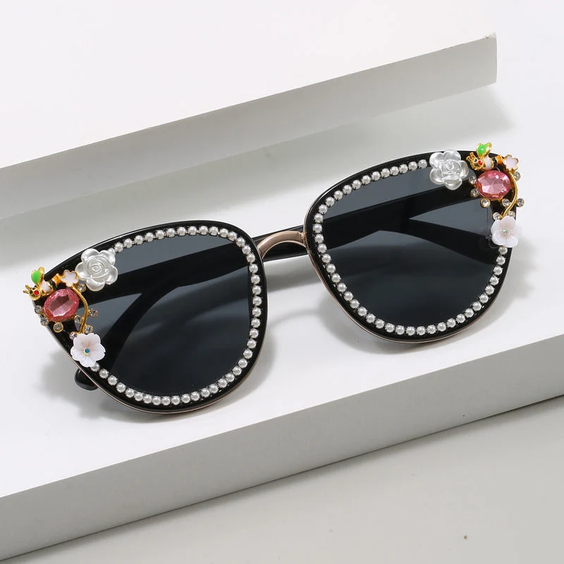 Dame Glamourøse Cat-Eye Solbriller med florale dekorasjoner Luvikno