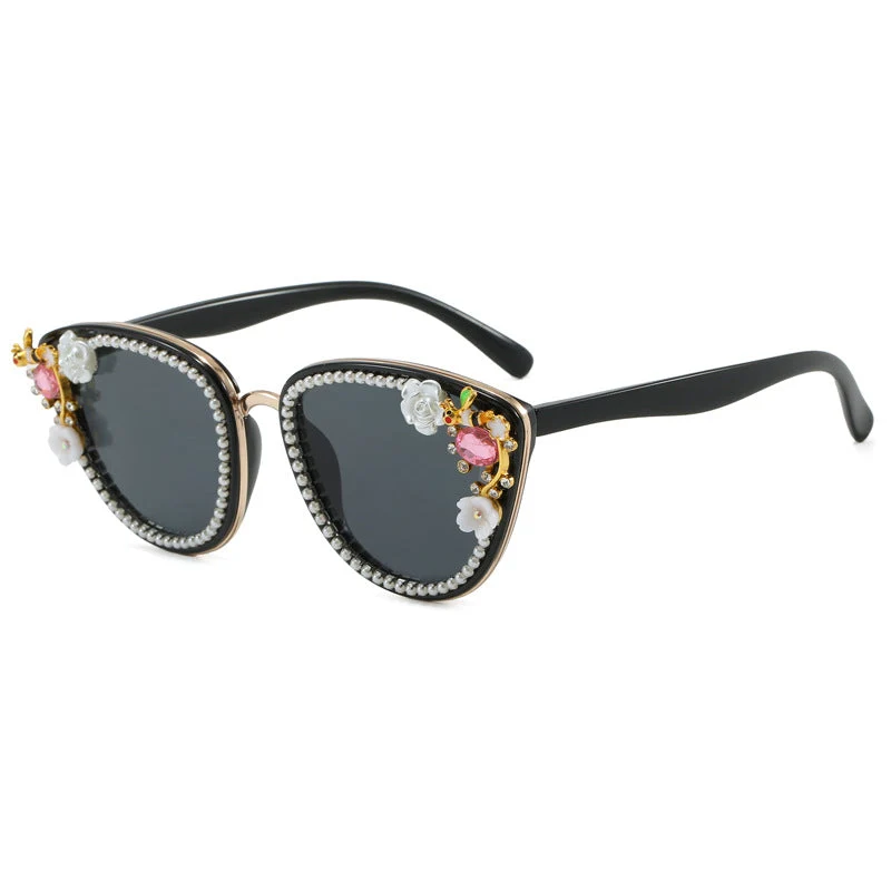 Dame Glamourøse Cat-Eye Solbriller med florale dekorasjoner Luvikno