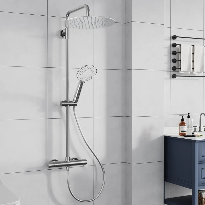 Garvee Sistema Doccia con Termostato Sicurezza 38°C, Doccia a 3 Funzioni, Materiale Resistente, Montaggio Facile per Bagno Familiare, Regolabile, Argento