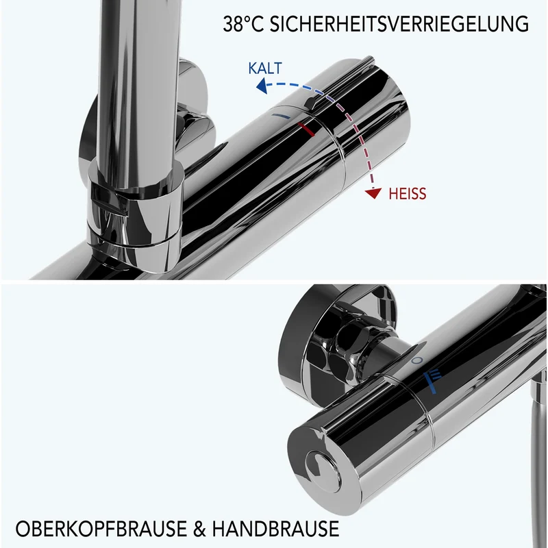 Garvee Sistema Doccia con Termostato Sicurezza 38°C, Doccia a 3 Funzioni, Materiale Resistente, Montaggio Facile per Bagno Familiare, Regolabile, Argento