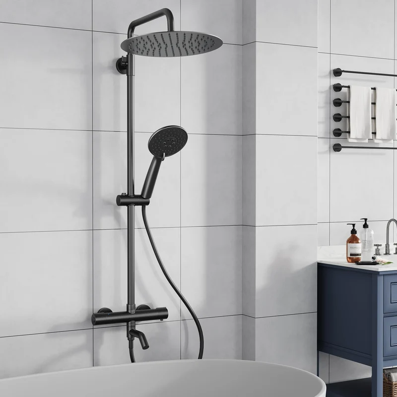 Garvee Sistema Doccia con Termostato Sicurezza 38°C, Doccia a Mano 3 Funzioni, Materiale Resistente, Montaggio Facile, Bagno Familiare, Argento