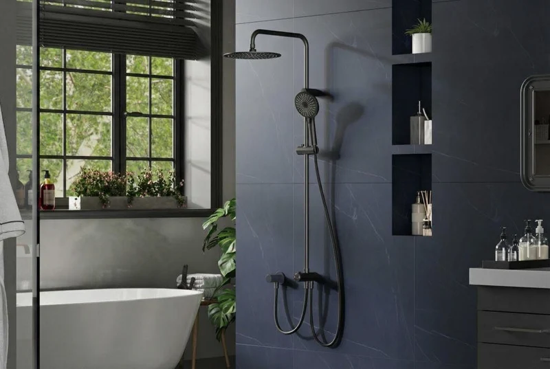 Garvee Sistema Doccia Moderno Senza Rubinetto, Doccetta 3 Getti, Doccione 25 cm Acciaio Inox, Colonna Regolabile, Nero Elegante, Installazione Senza Foratura, Bagno