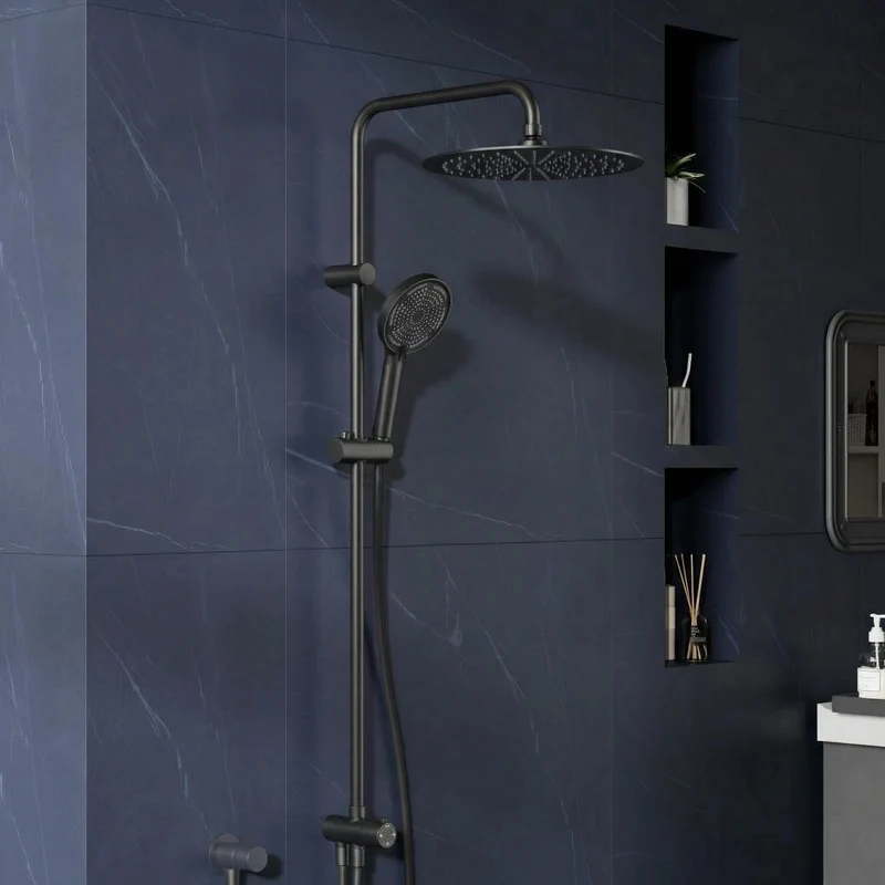 Garvee Sistema Doccia Moderno Senza Rubinetto, Doccetta 3 Getti, Doccione 25 cm Acciaio Inox, Colonna Regolabile, Nero Elegante, Installazione Senza Foratura, Bagno