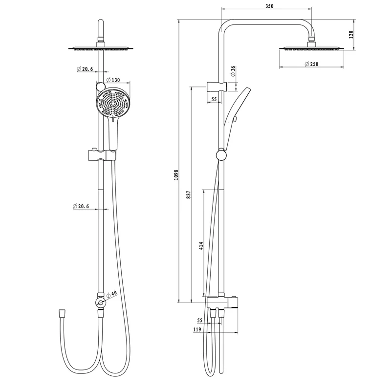 Garvee Sistema Doccia Moderno Senza Rubinetto, Doccetta 3 Getti, Doccione 25 cm Acciaio Inox, Colonna Regolabile, Nero Elegante, Installazione Senza Foratura, Bagno