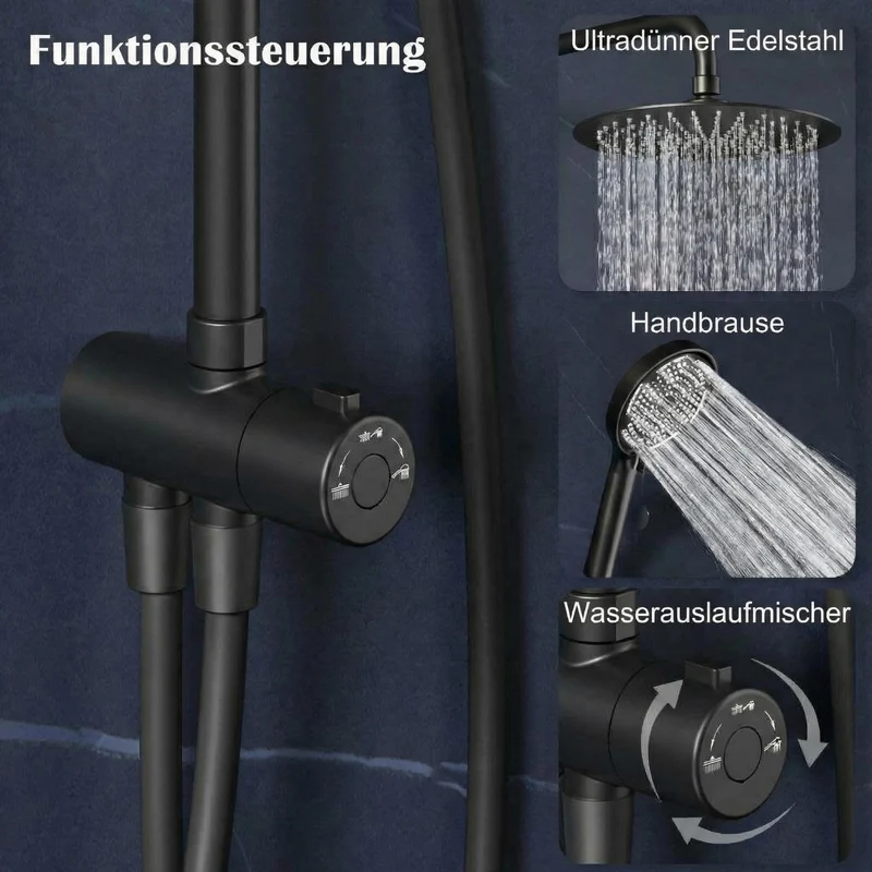 Garvee Sistema Doccia Moderno Senza Rubinetto, Doccetta 3 Getti, Doccione 25 cm Acciaio Inox, Colonna Regolabile, Nero Elegante, Installazione Senza Foratura, Bagno