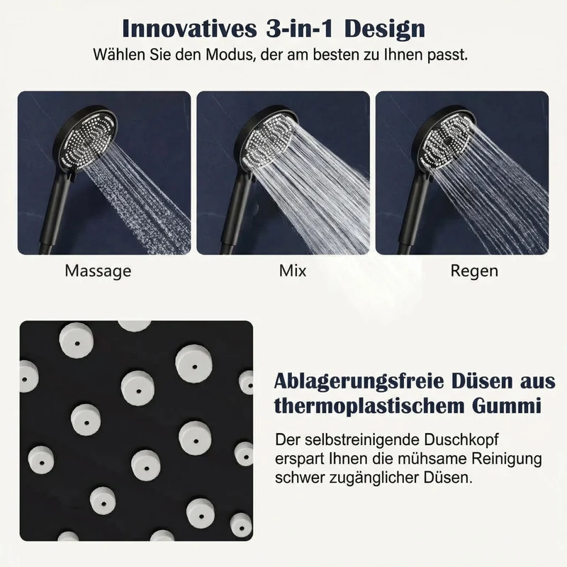Garvee Sistema Doccia Moderno Senza Rubinetto, Doccetta 3 Getti, Doccione 25 cm Acciaio Inox, Colonna Regolabile, Nero Elegante, Installazione Senza Foratura, Bagno