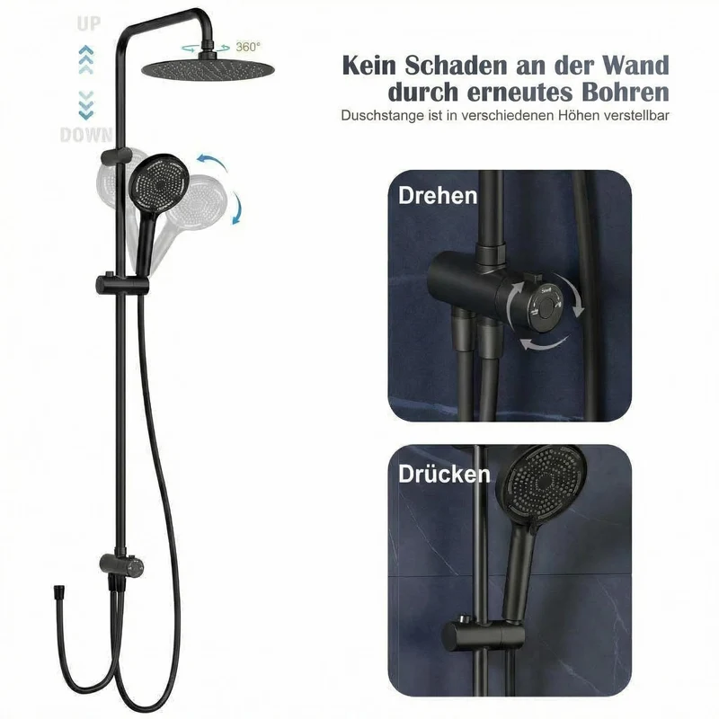 Garvee Sistema Doccia Moderno Senza Rubinetto, Doccetta 3 Getti, Doccione 25 cm Acciaio Inox, Colonna Regolabile, Nero Elegante, Installazione Senza Foratura, Bagno