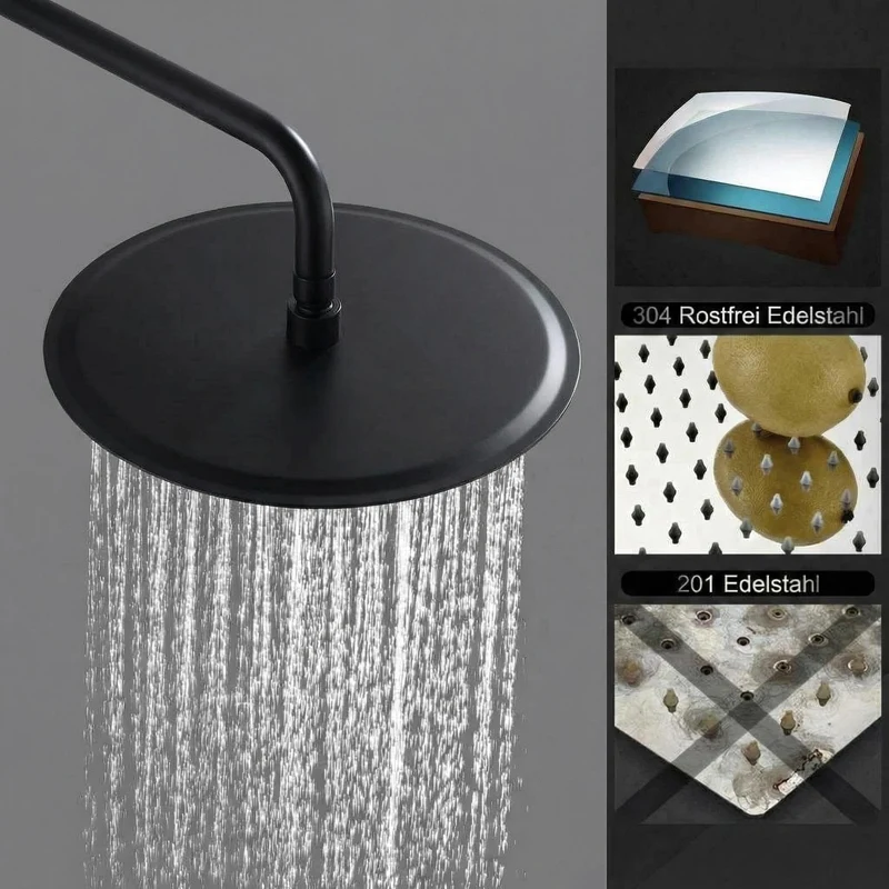 Garvee Sistema Doccia Moderno Senza Rubinetto, Doccetta 3 Getti, Doccione 25 cm Acciaio Inox, Colonna Regolabile, Nero Elegante, Installazione Senza Foratura, Bagno