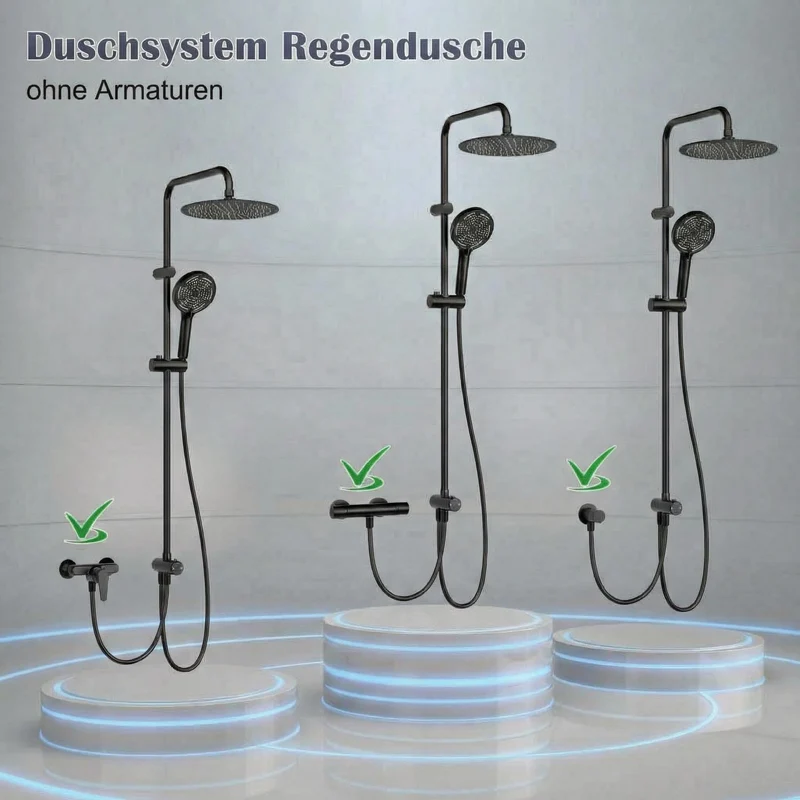 Garvee Sistema Doccia Moderno Senza Rubinetto, Doccetta 3 Getti, Doccione 25 cm Acciaio Inox, Colonna Regolabile, Nero Elegante, Installazione Senza Foratura, Bagno