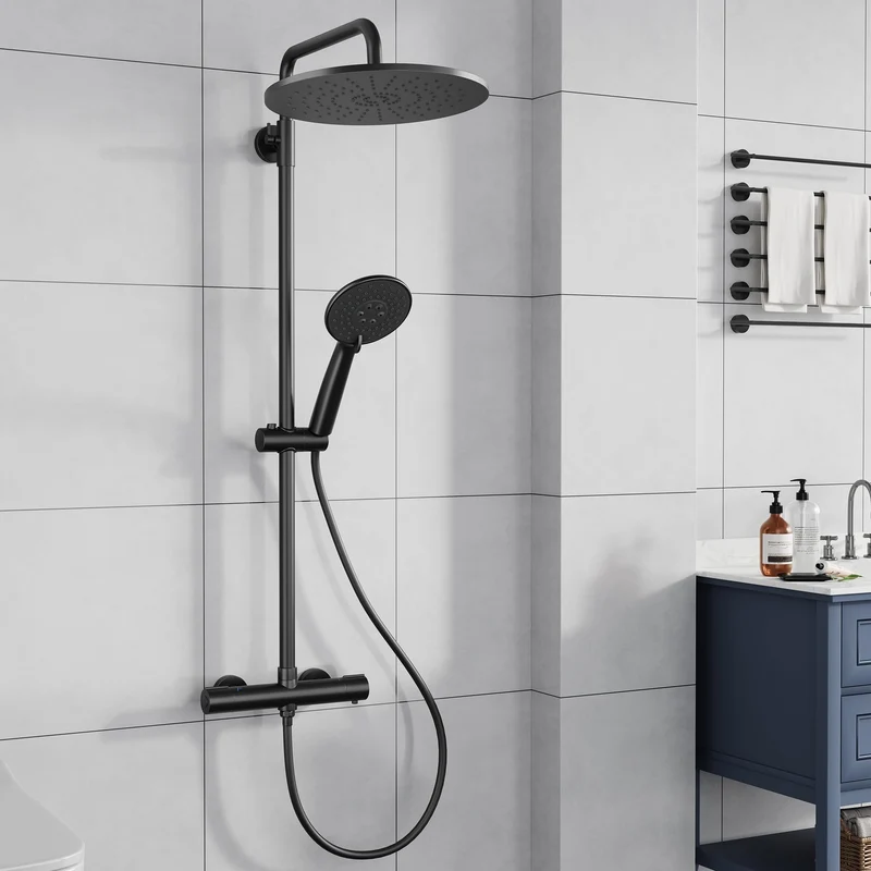 Sistema Doccia Garvee con Termostato Sicurezza 38°C, Doccia a Mano 3 Funzioni, Materiale Resistente, Montaggio Facile, Asta Doccia, Bagno Familiare, Moderno, Argento