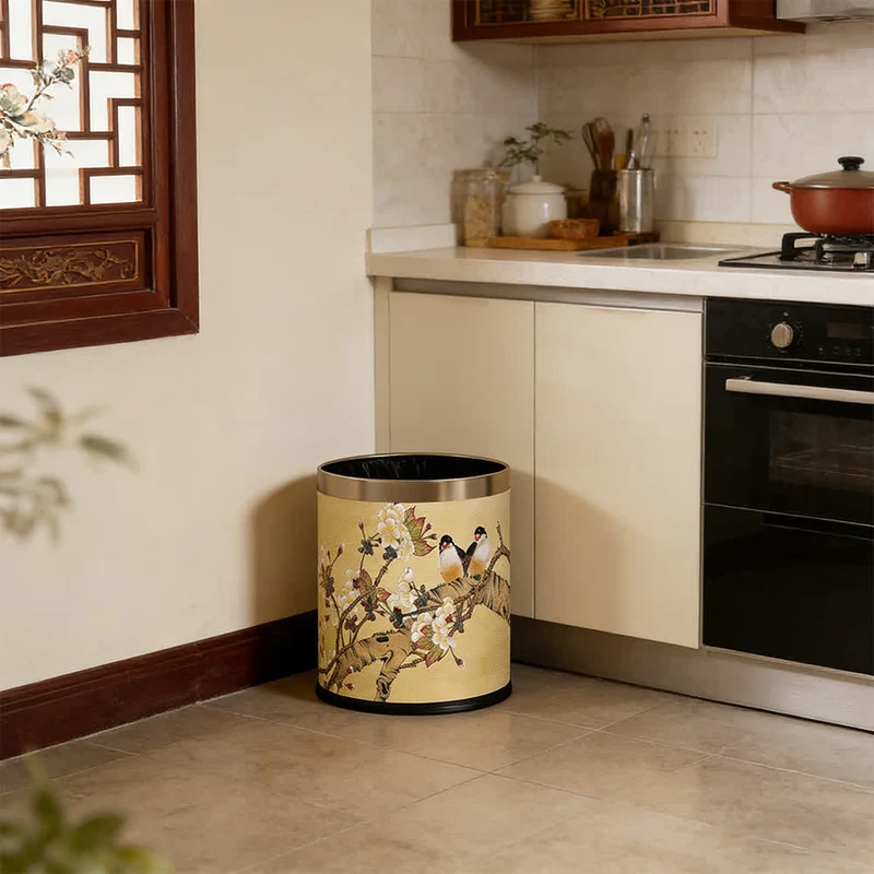 Vintage Mülleimer im Chinoiserie-Stil mit Blumen- und Vogelmotiv
