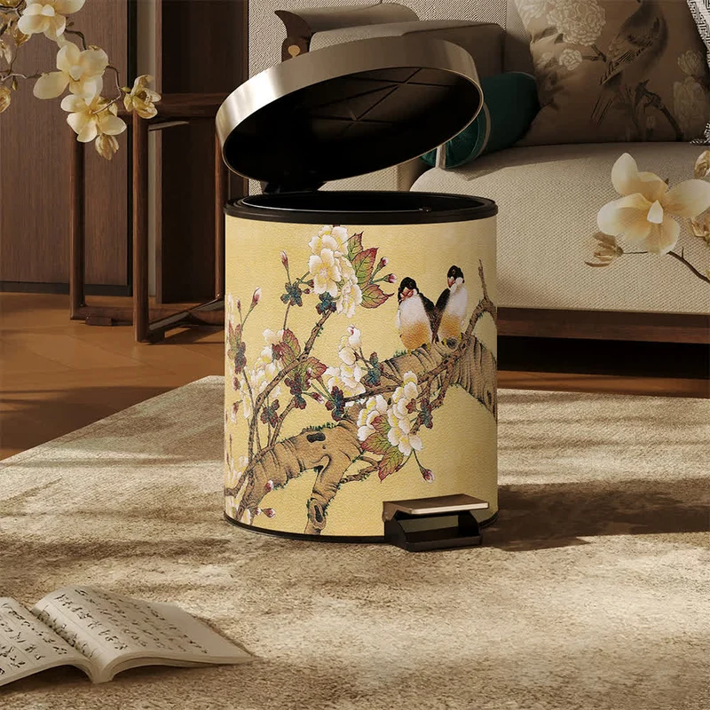 Vintage Mülleimer im Chinoiserie-Stil mit Blumen- und Vogelmotiv