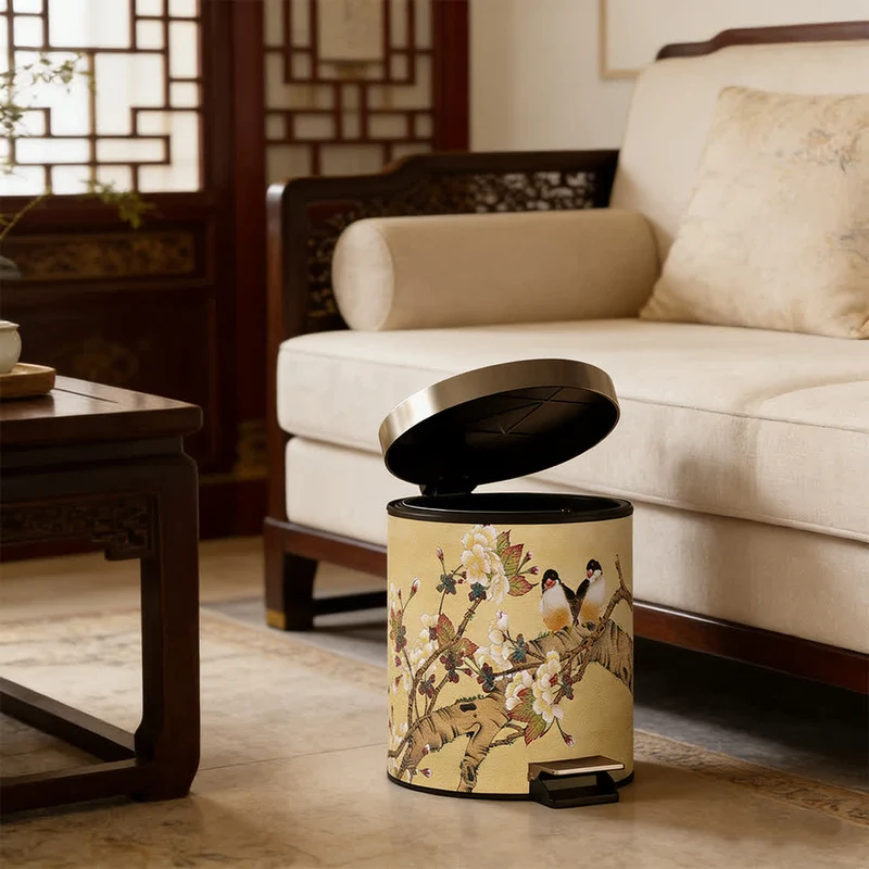 Vintage Mülleimer im Chinoiserie-Stil mit Blumen- und Vogelmotiv