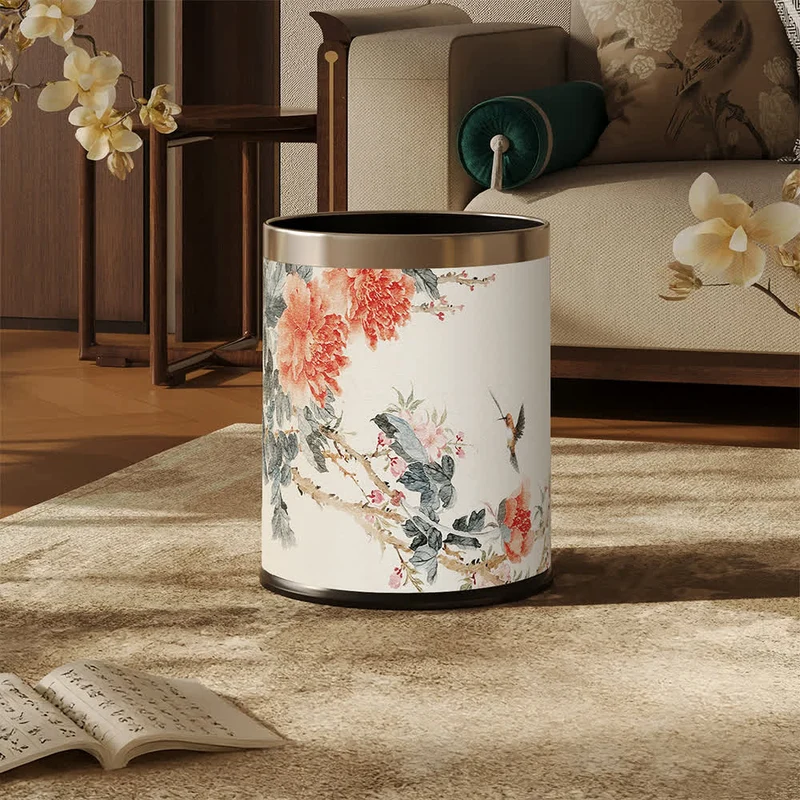 Mülleimer aus Leder im Chinoiserie-Stil mit Pfingstrose und Singvogel-Motiv