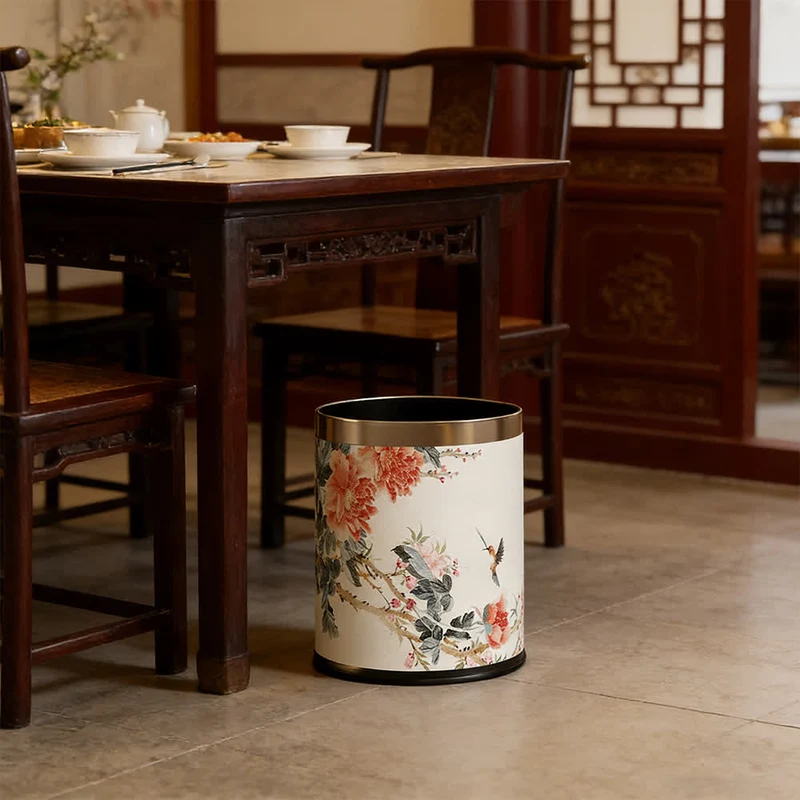 Mülleimer aus Leder im Chinoiserie-Stil mit Pfingstrose und Singvogel-Motiv