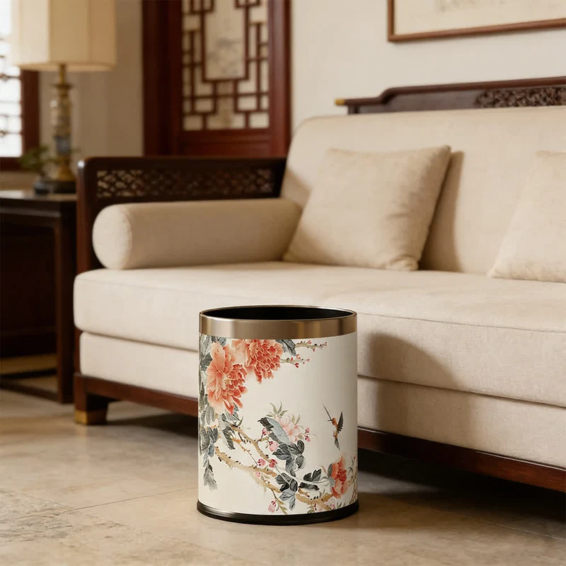 Mülleimer aus Leder im Chinoiserie-Stil mit Pfingstrose und Singvogel-Motiv