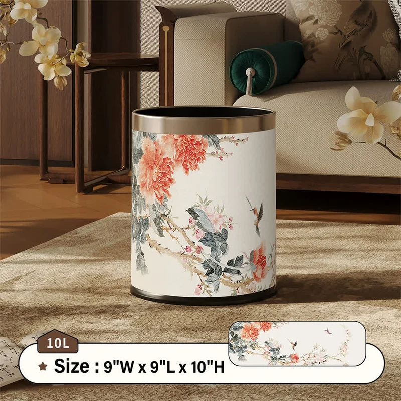 Mülleimer aus Leder im Chinoiserie-Stil mit Pfingstrose und Singvogel-Motiv