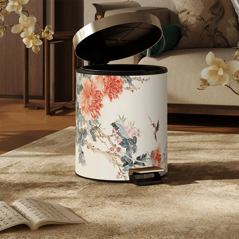 Mülleimer aus Leder im Chinoiserie-Stil mit Pfingstrose und Singvogel-Motiv