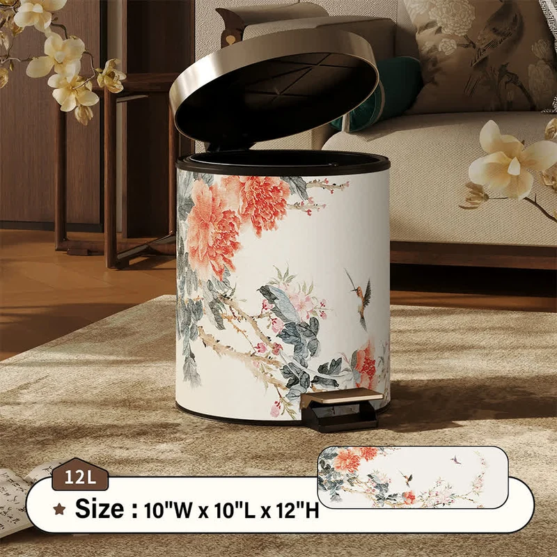 Mülleimer aus Leder im Chinoiserie-Stil mit Pfingstrose und Singvogel-Motiv