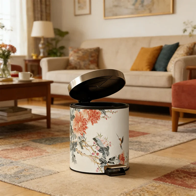 Mülleimer aus Leder im Chinoiserie-Stil mit Pfingstrose und Singvogel-Motiv