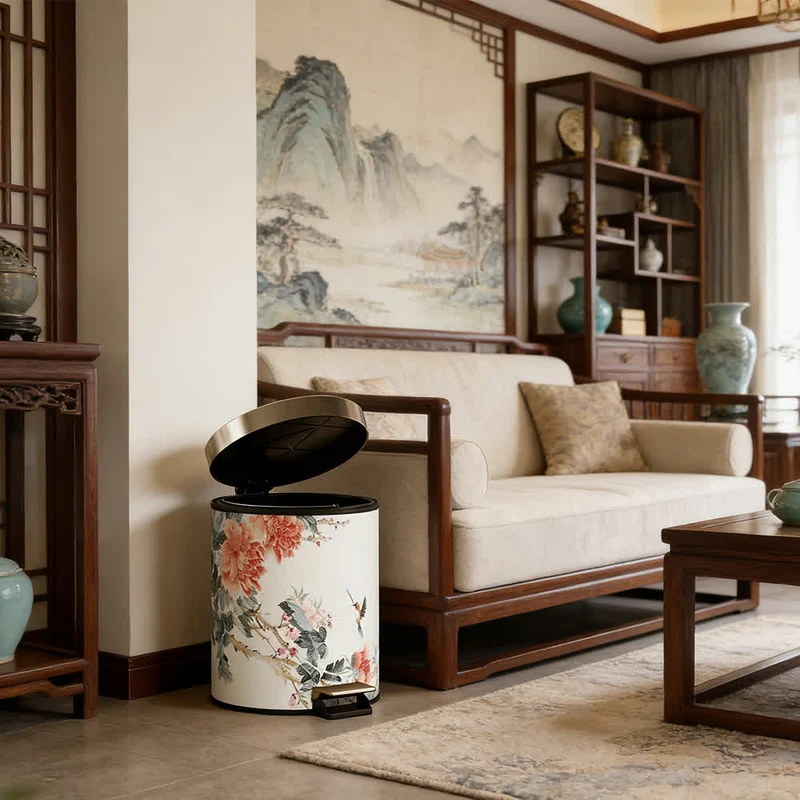 Mülleimer aus Leder im Chinoiserie-Stil mit Pfingstrose und Singvogel-Motiv