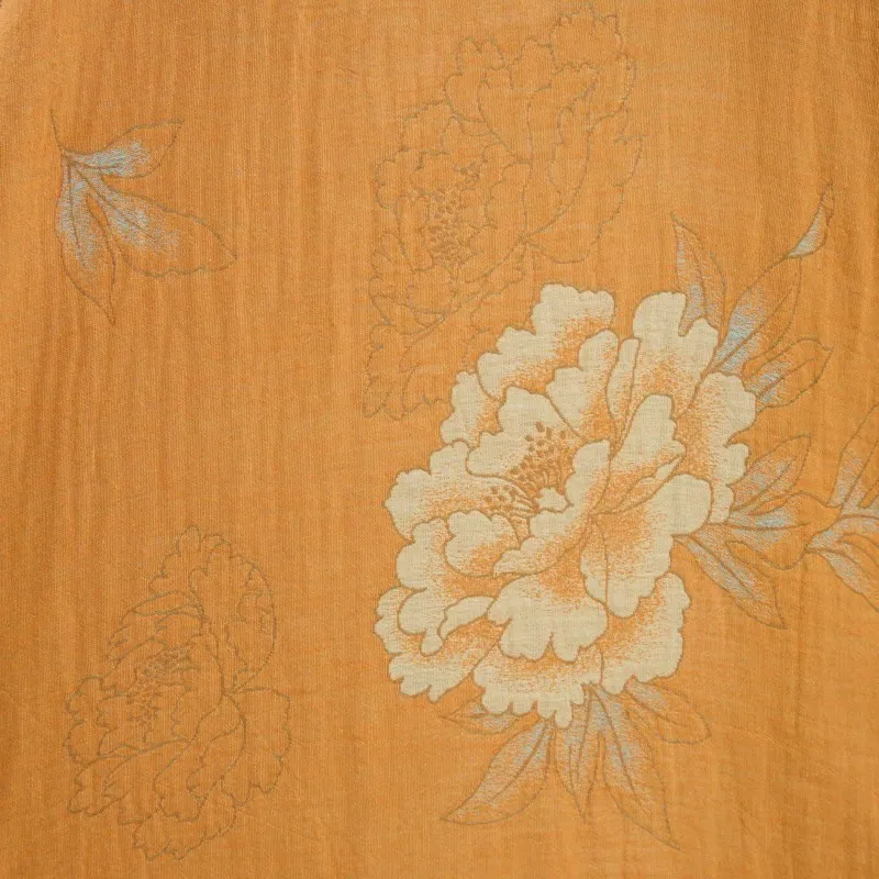 Kimono-Bademantel aus Baumwollgaze mit gelber Pfingstrose