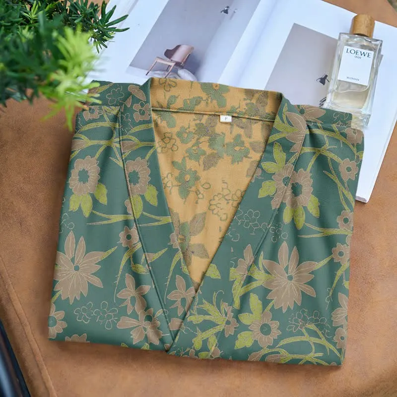 Vintage-Bademantel aus rustikalem Baumwolljacquard mit Blumenmuster