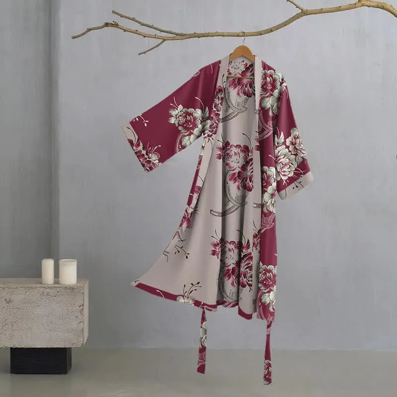 Luxuriöser Kimono-Bademantel aus doppellagigem Baumwollgaze mit Pfingstrosenmuster