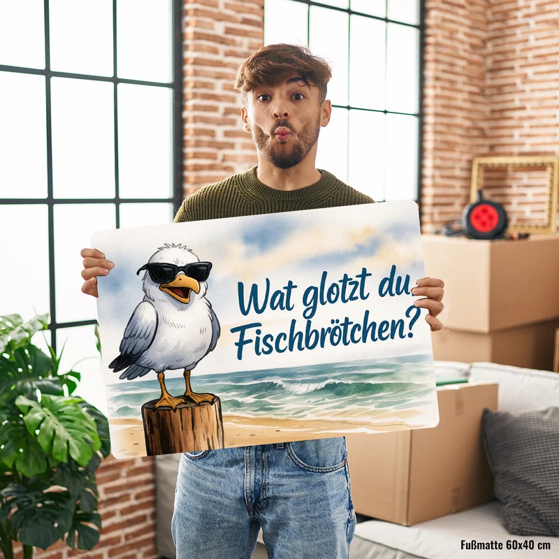 Wat glotzt du, Fischbrötchen? Möwe mit Sonnenbrille Fußmatte in 35x50 cm ohne Rand