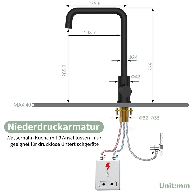 Garvee Rubinetto Cucina a Bassa Pressione con 3 Attacchi, 2 Tipi di Getto, Girevole 360°, Acciaio Inox 304, Ventil Ceramico, Facile da Installare, Per Boiler e Cucina Domestica