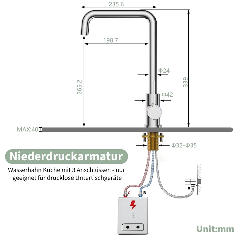 Rubinetto da Cucina Garvee a Bassa Pressione in Acciaio Inox 304 con Valvola in Ceramica, Tubo PEX, Rotazione 360° per Boiler Domestici, 3 Attacchi, 2 Modalità di Getto