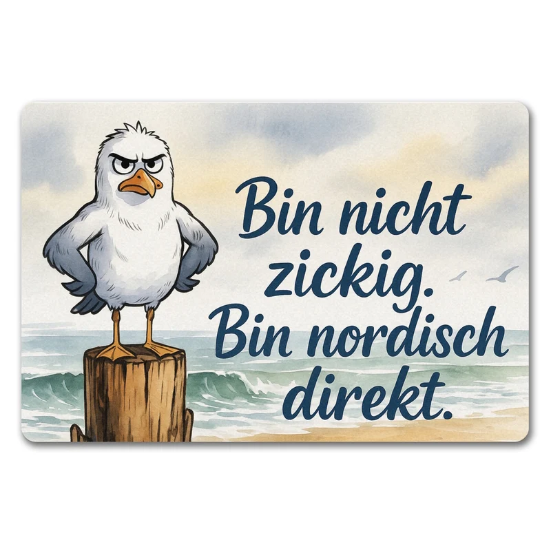 Möwe am Strand Fußmatte in 35x50 cm ohne Rand mit nordischem Humor