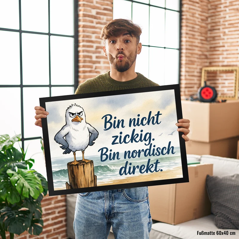 Möwe am Strand Fußmatte in 35x50 cm mit nordischem Humor