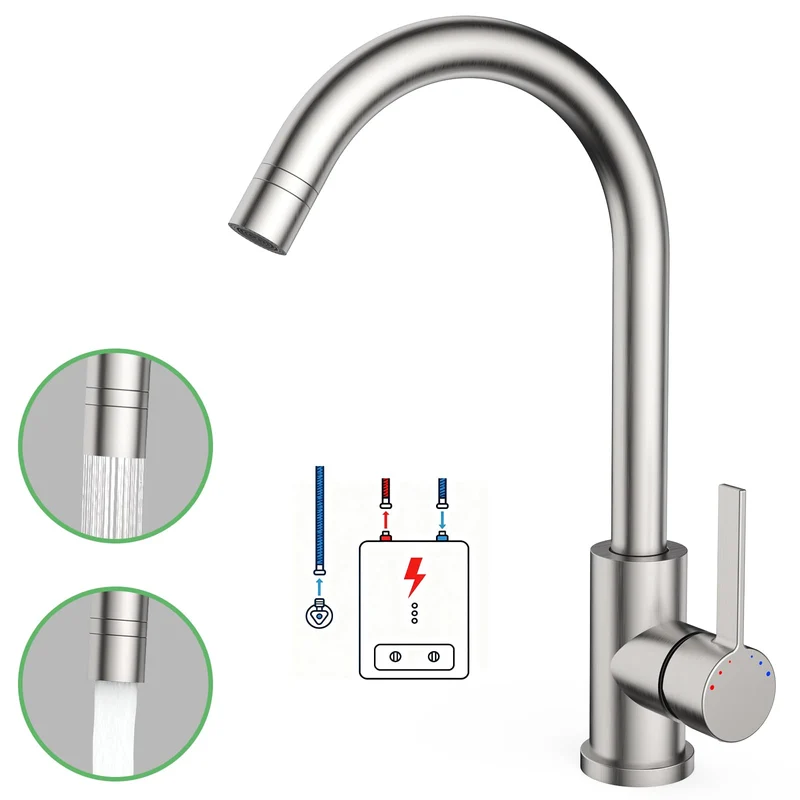 Garvee Rubinetto Cucina Bassa Pressione 3 Attacchi 2 Getti 360° Rotazione Acciaio Inox 304 Per Boiler