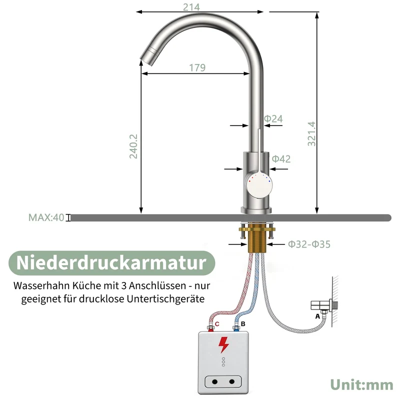 Garvee Rubinetto Cucina Bassa Pressione 3 Attacchi 2 Getti 360° Rotazione Acciaio Inox 304 Per Boiler